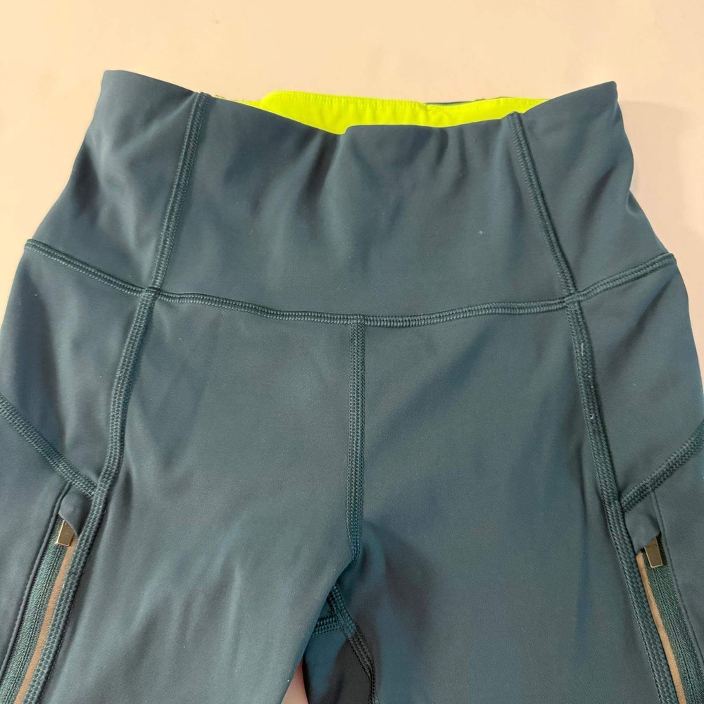 Athleta Rainier Tight Teal Neon Yellow High Rise Leggings‎ Zip Pockets XXS - Picture 10 of 16